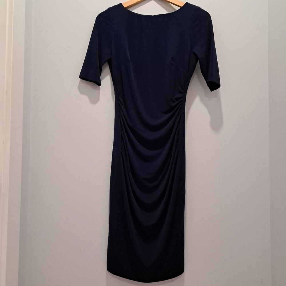 NWT Vince Camuto Bodycon Ruched Navy Midi Dress Womens 2